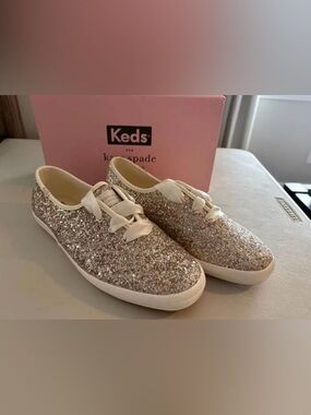 New Size 9 Kate Spade Keds Glitter Lace-Up Sneakers - Rose Gold
